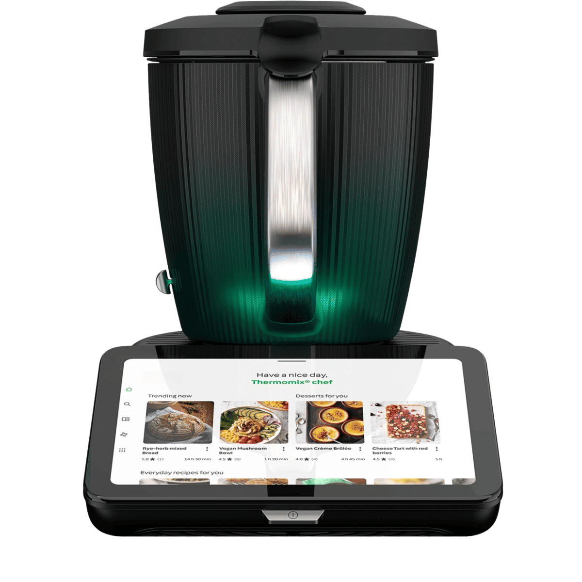 Siyah Thermomix TM7, dokunmatik ekranı ve karıştırma haznesiyle